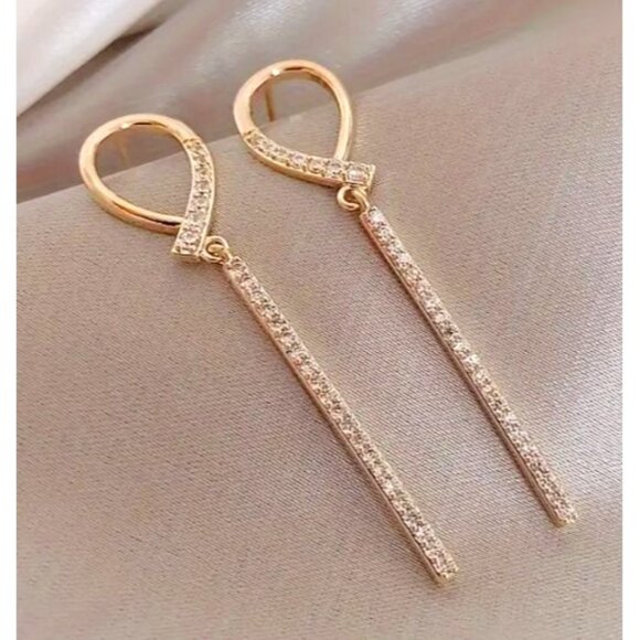Gold Tone Long Drop Earrings With Rhinestone Detailing For Women‎ - Picture 1 of 4